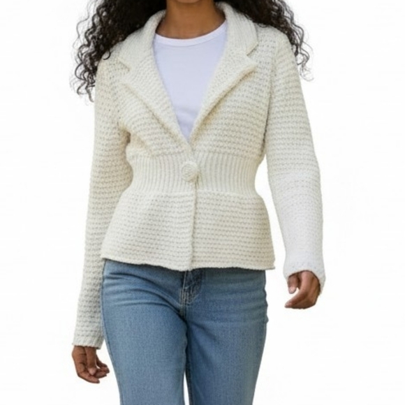 WHBM Knit Cardigan Blazer Size S Cream Fitted Crochet Covered Snap Long Sleeve - Picture 12 of 12